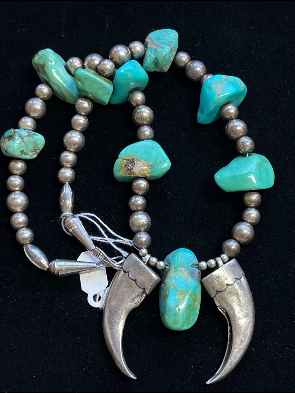 Vintage Mid 20c Native American Handmade Turquoise Naja & Navajo Pearl Necklace - Picture 9 of 10